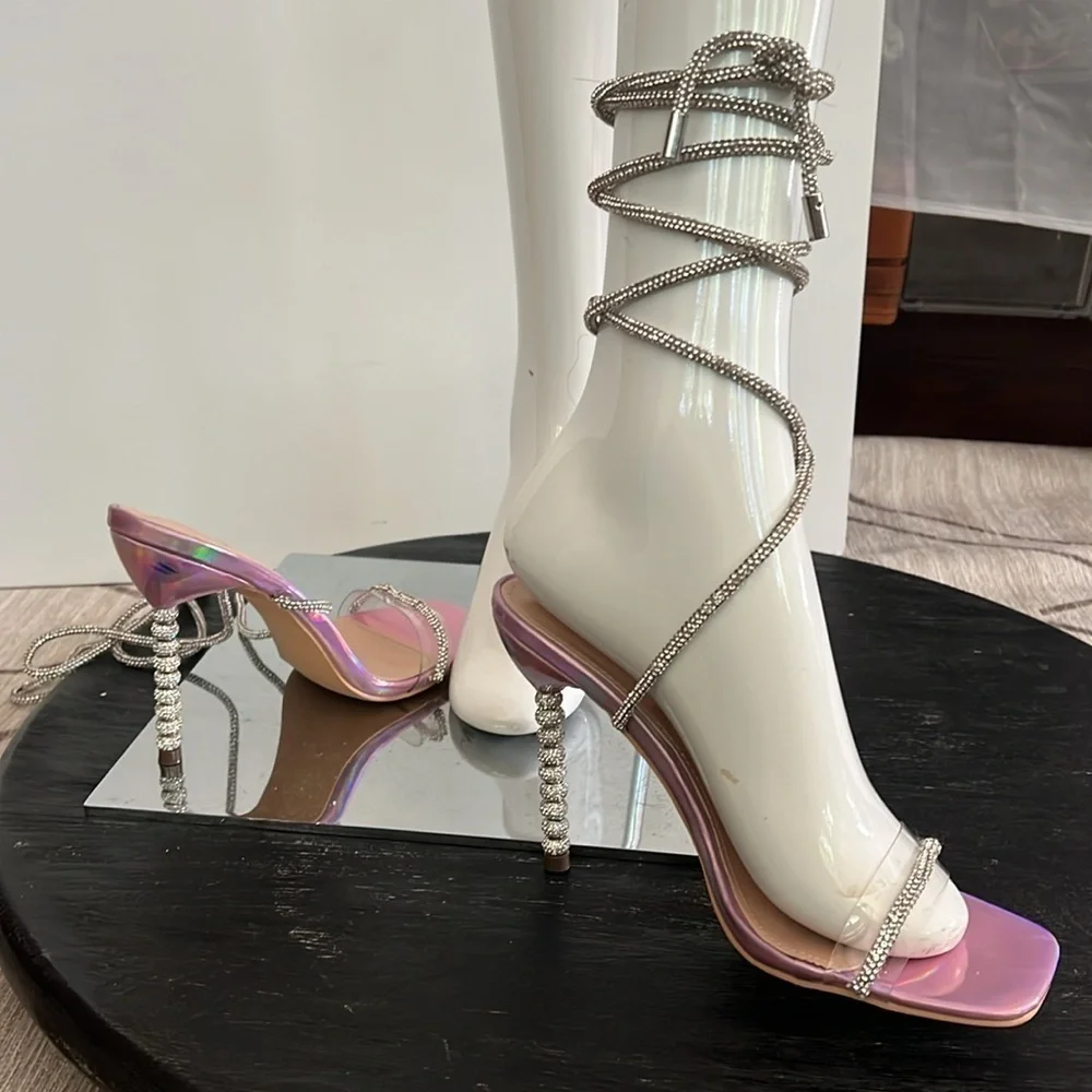 Wrap Around Sz 7.5 Soft Crystal Embossed Wraparound Pink Purple Metallic Heels